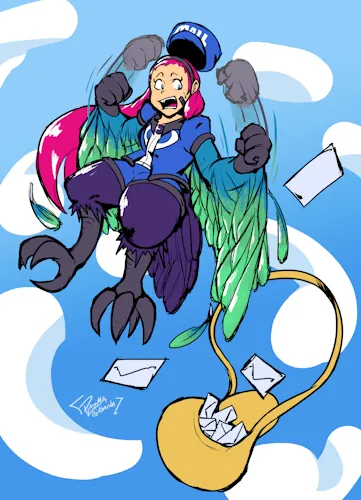 A harpy with the plumage of a purple-throated carib flying in the sky, while wearing a blue mail carrier outfit and a bandage on her face. She's panicked over her bag of mail falling and dropping letters.